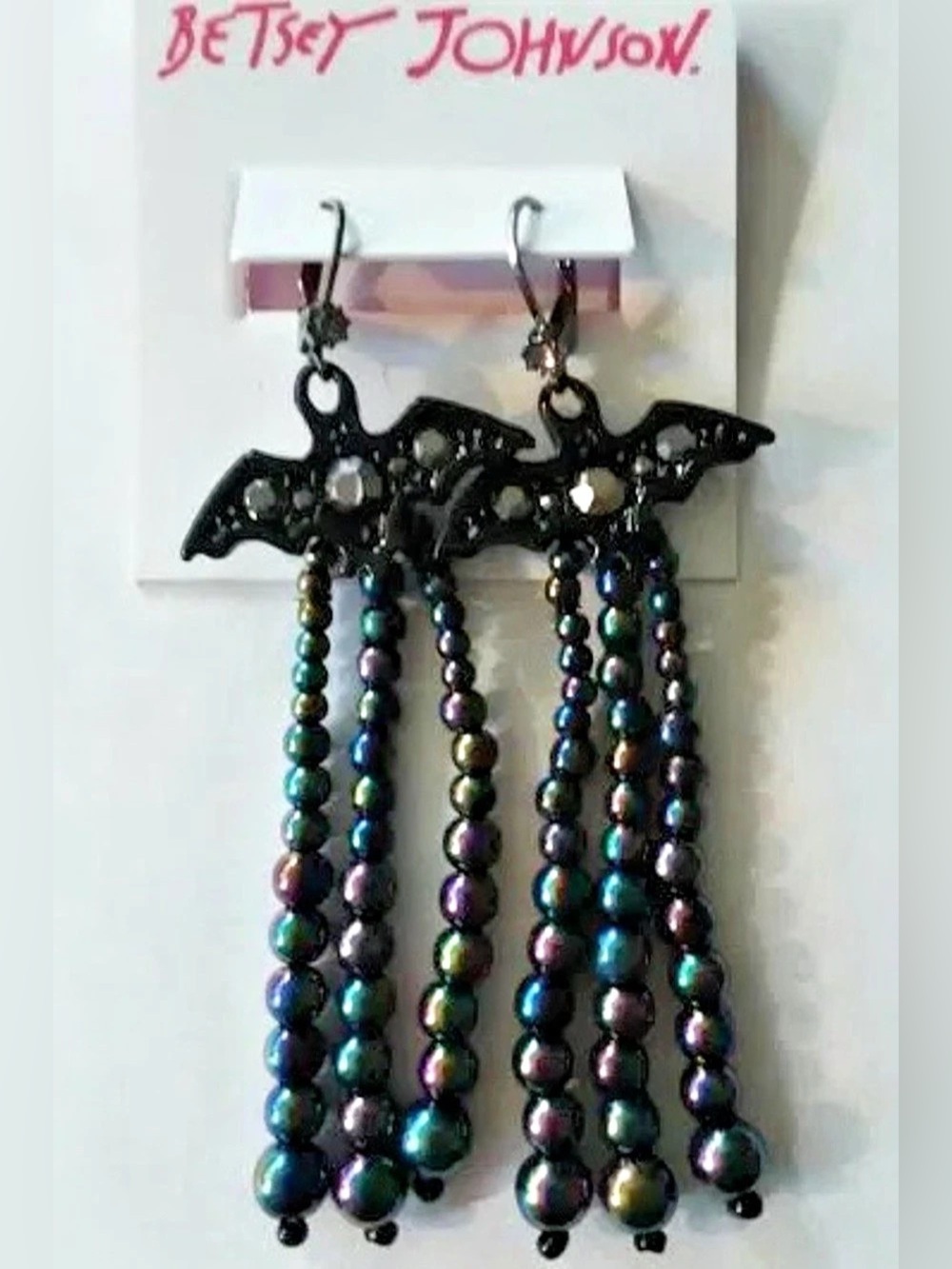 Betsey Johnson Bat Fringe Drop Earrings Black & iridescent